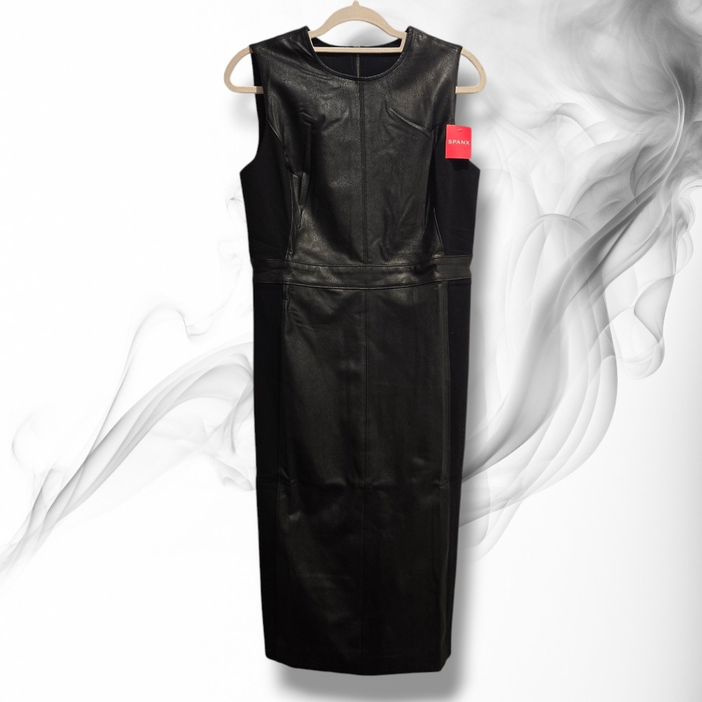 SPANX Women's Black Leather Like Sleeveless Mixed Media Sheath Dress Size XL - Picture 2 of 7